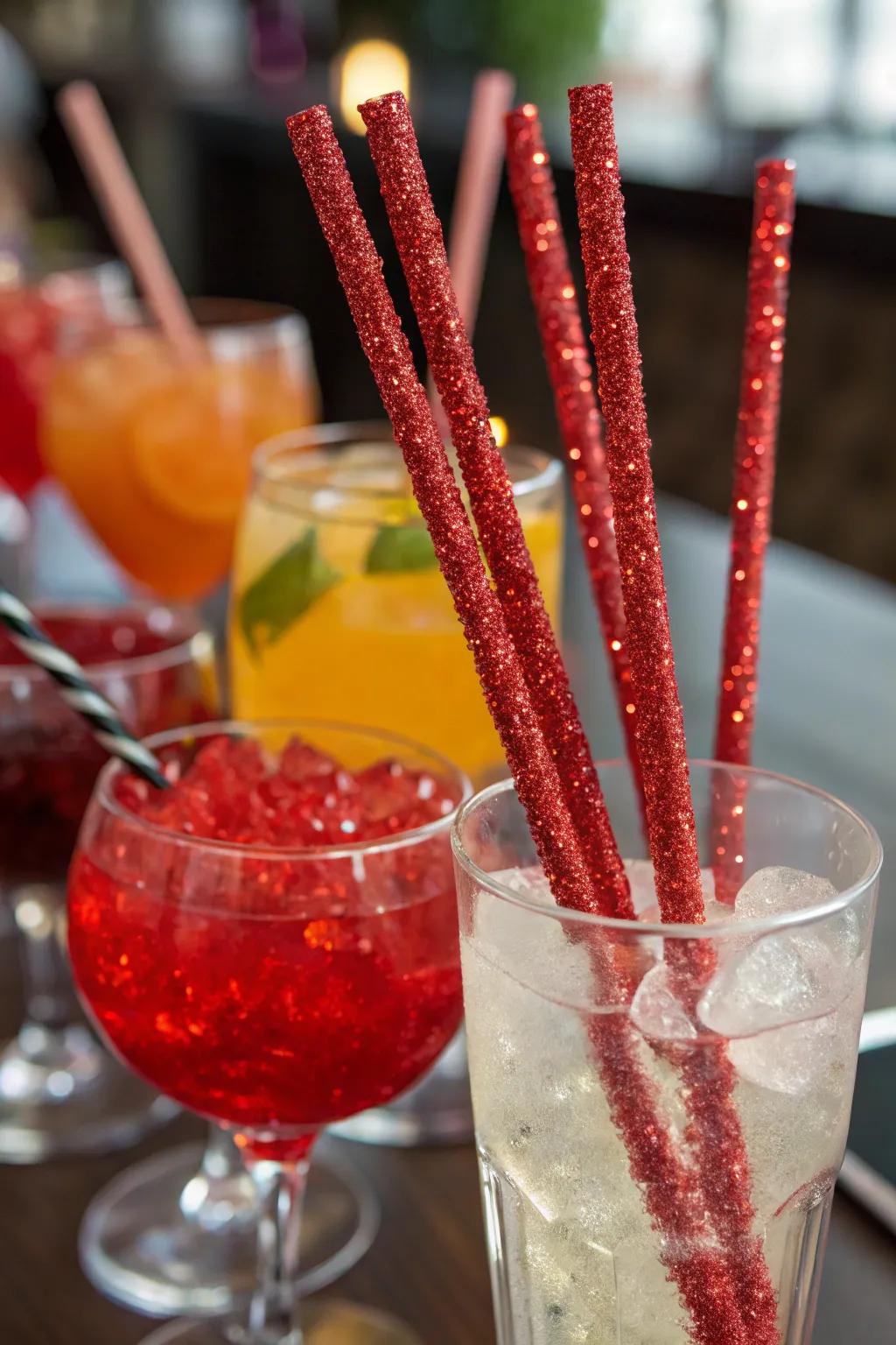 Sparkling red glitter drink stir sticks adding fun to beverages.