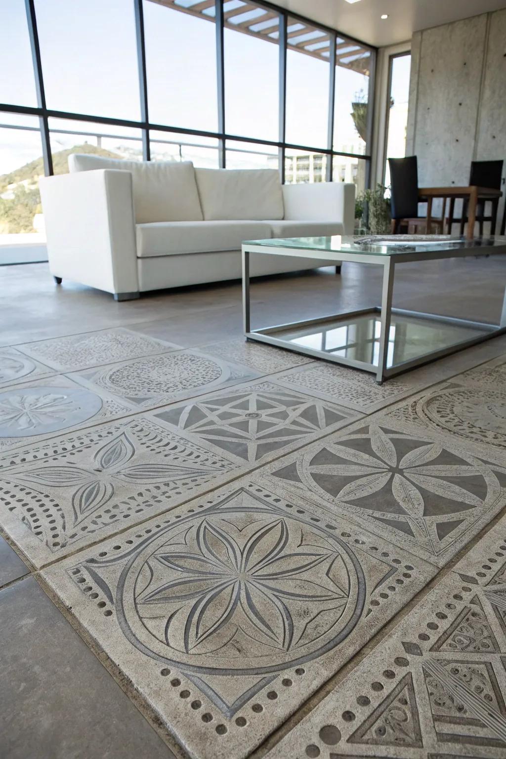 Geometric designs etched into concrete floors add a bold, modern touch.