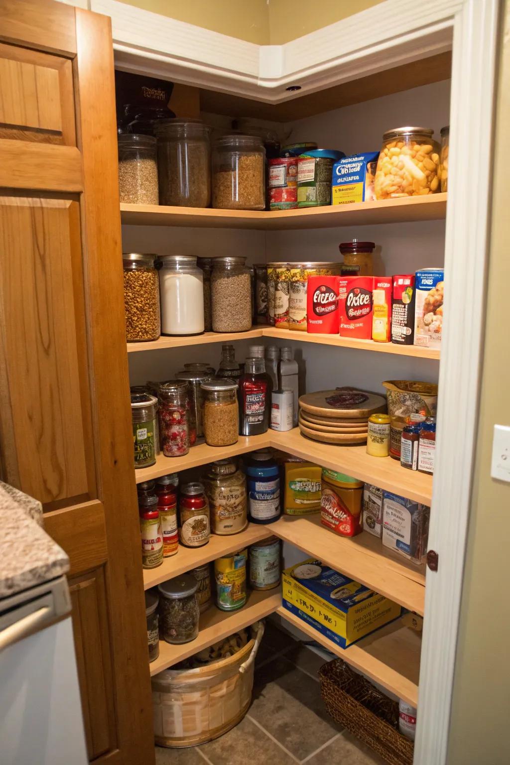 A corner pantry featuring a lazy Susan for easy access.