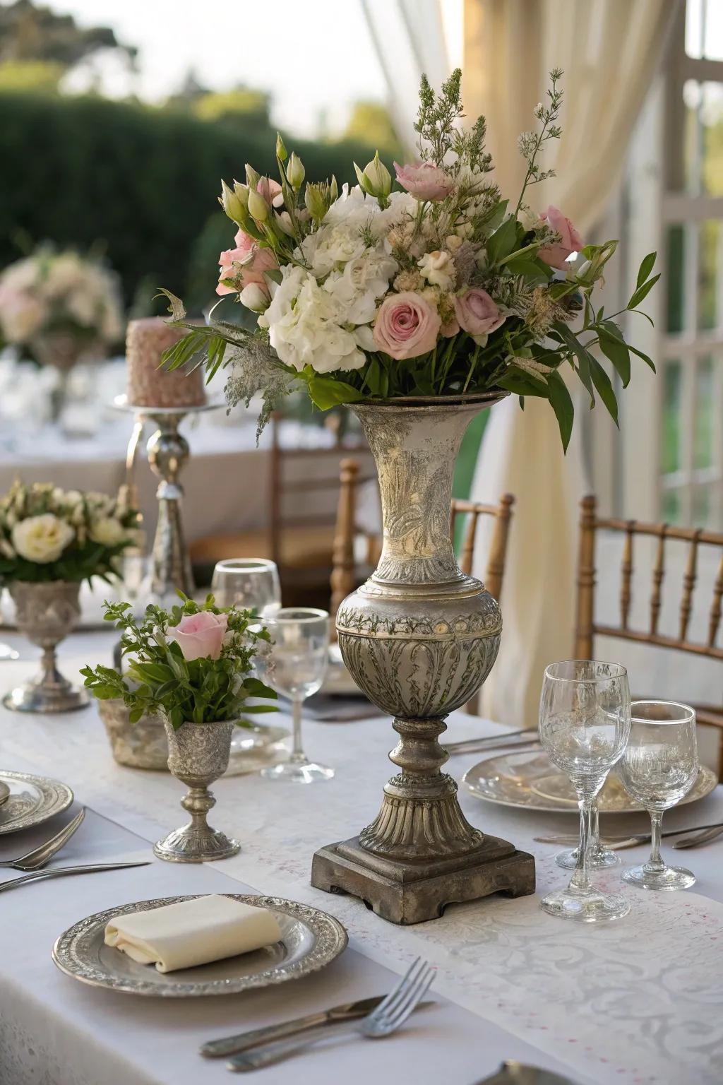 Vintage charm with antique elements as centerpieces.