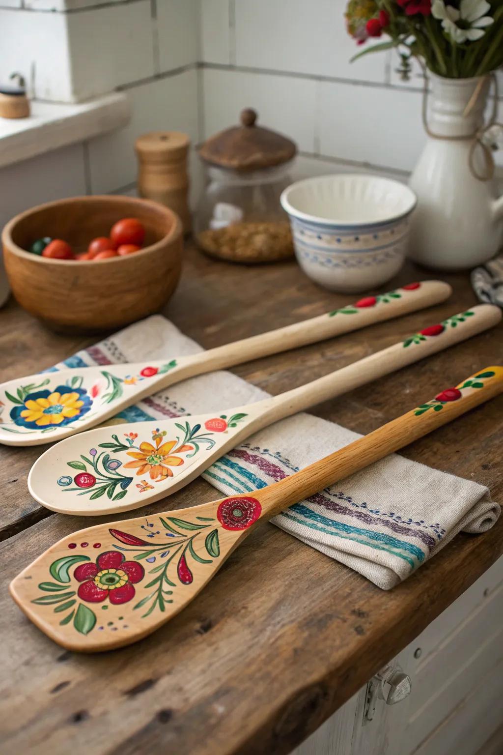 Hand-painted wooden spoons add a touch of artistry to cooking.