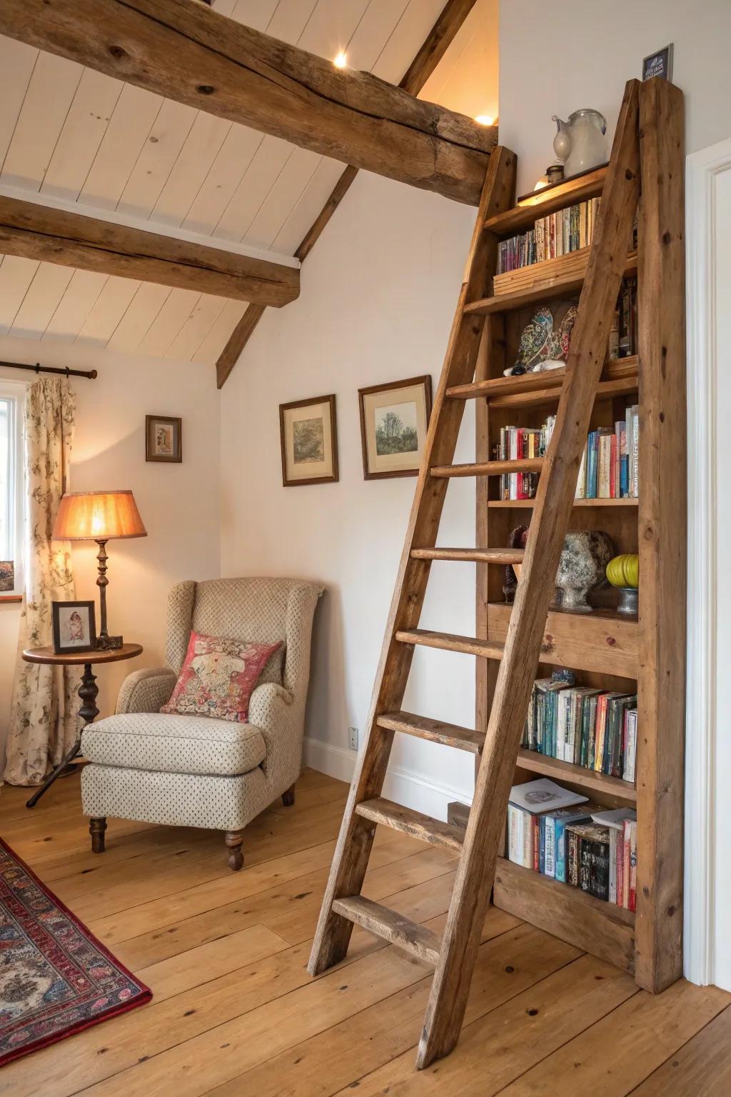 A space displaying a repurposed ladder as a unique bookshelf.