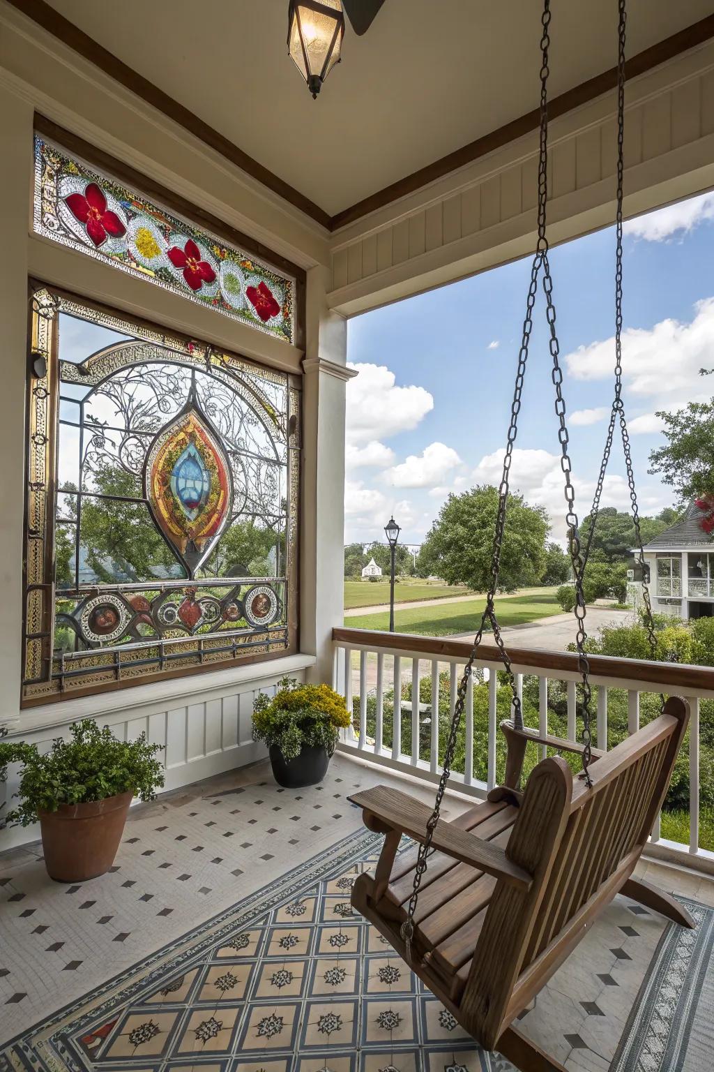 Stained glass adds an artistic flair to the porch.