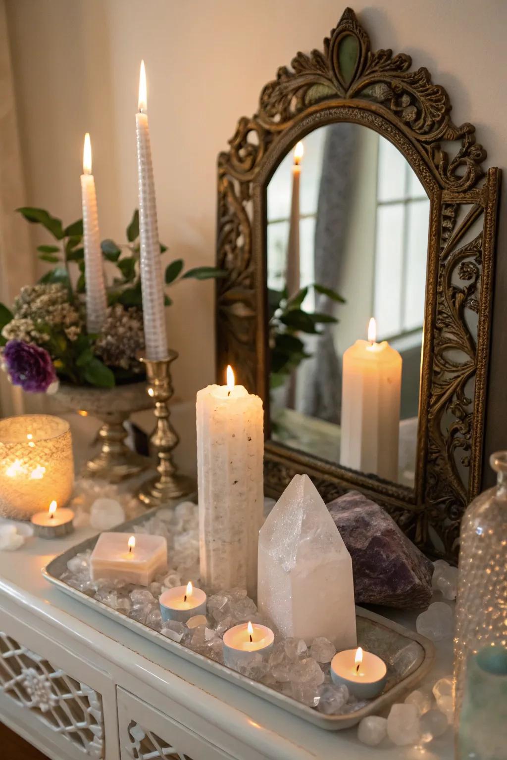 Mirrors enhance light and energy on this altar.