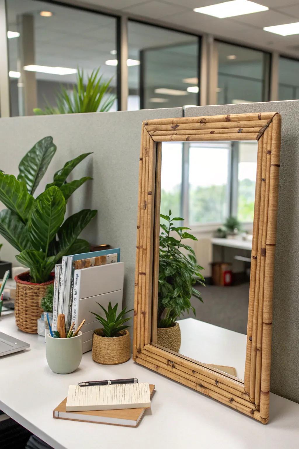 An eco-friendly bamboo mirror blends sustainability with modern office design.