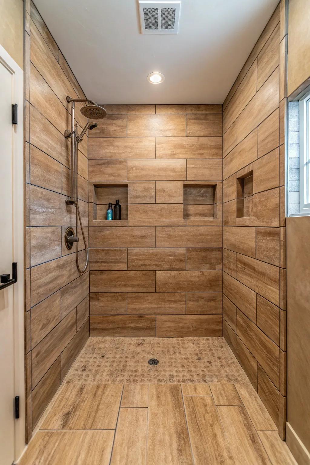 Wood-look tiles add warmth and a natural touch to this modern shower.