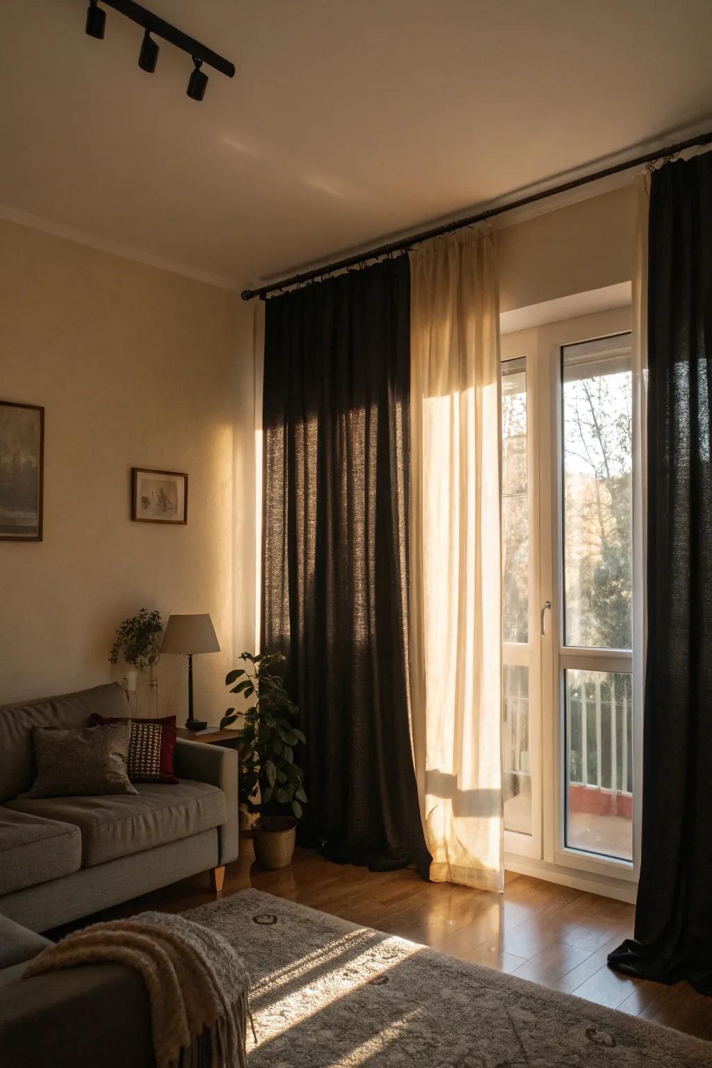 Dark curtains provide a dramatic contrast.