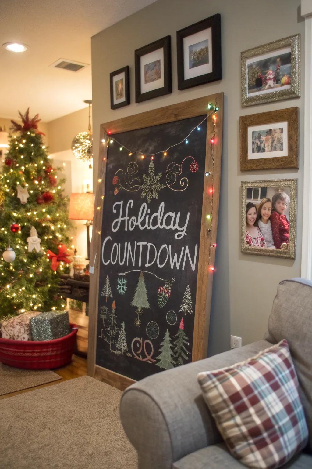 An anticipatory holiday countdown chalkboard in the family room.