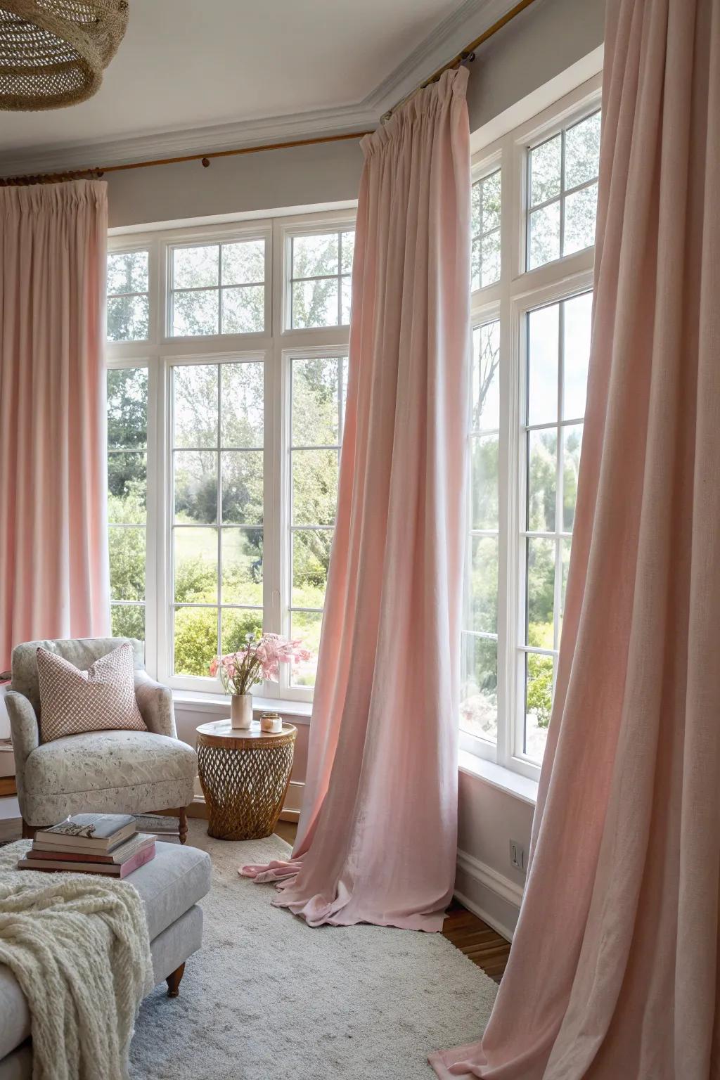 Rose window coverings contribute a delicate and refined touch to the lounge.