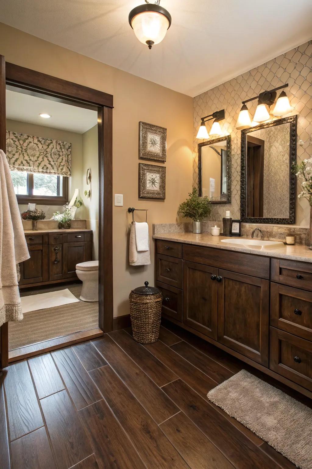 Dark wood flooring adds a cohesive and luxurious feel to this bathroom.