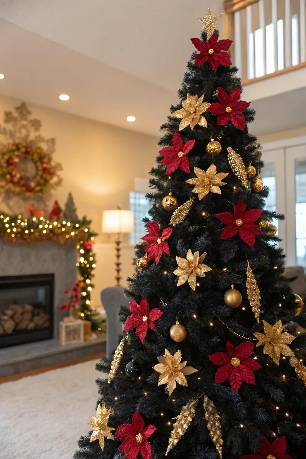 A black tree enhanced with festive floral decorations.