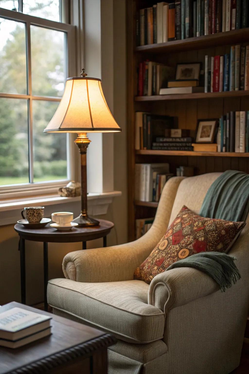 A reading nook provides a quiet retreat.