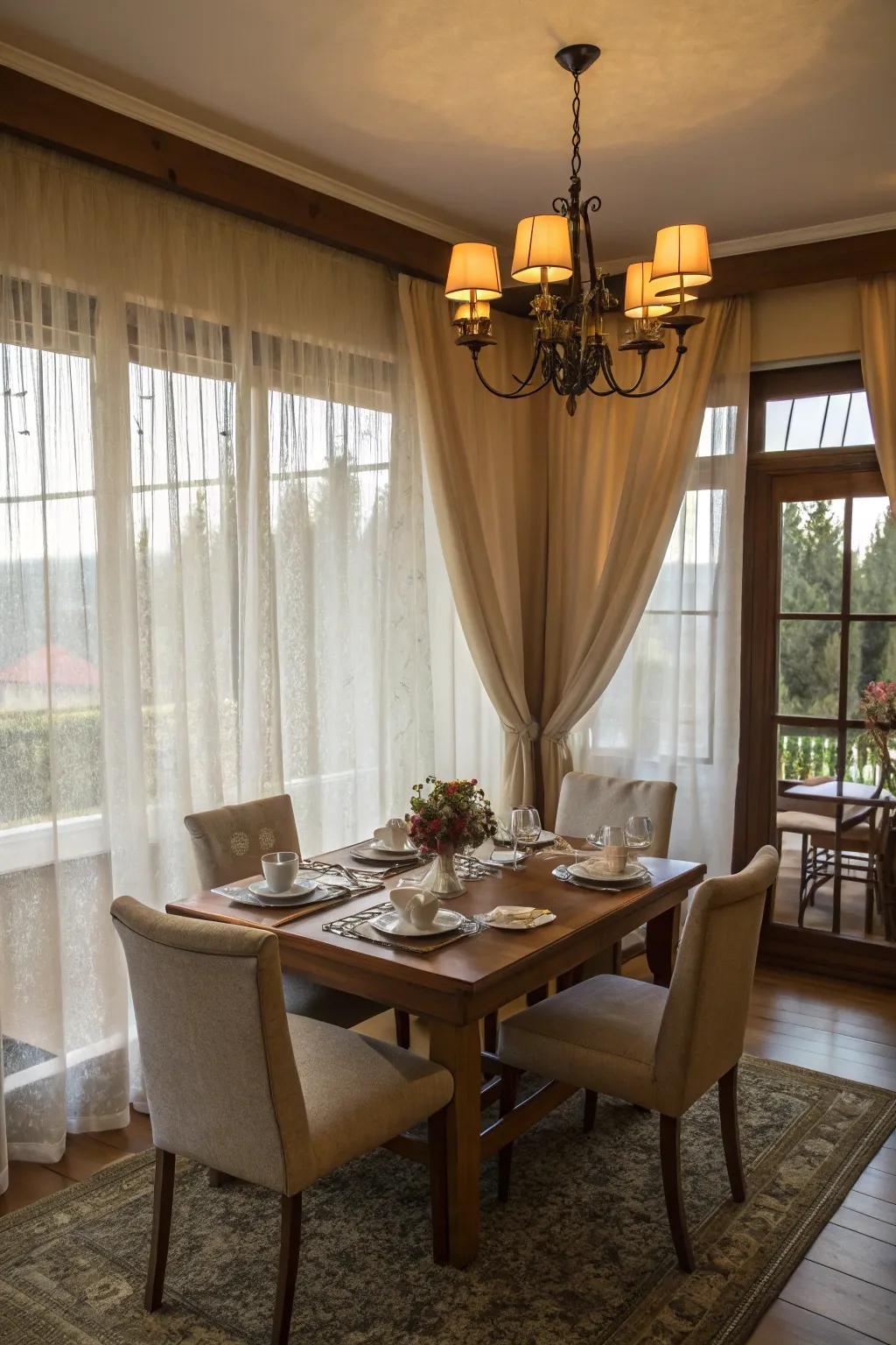 Sheer curtains providing an airy elegance to the dining room.