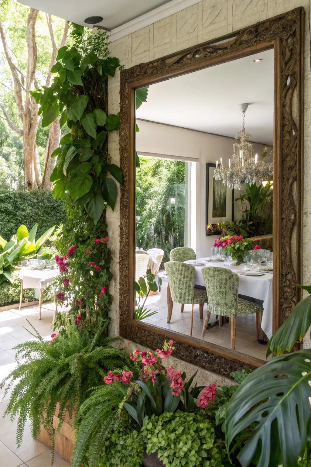 Greenery and mirrors create a refreshing ambiance.