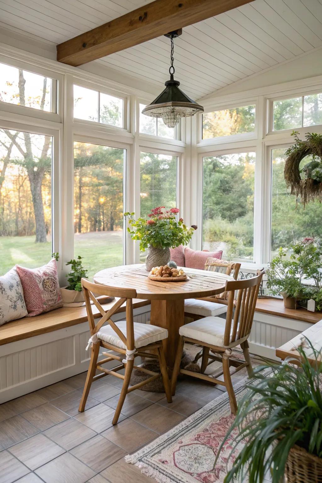 Repurposed sunroom as a dining nook merges function with creativity.