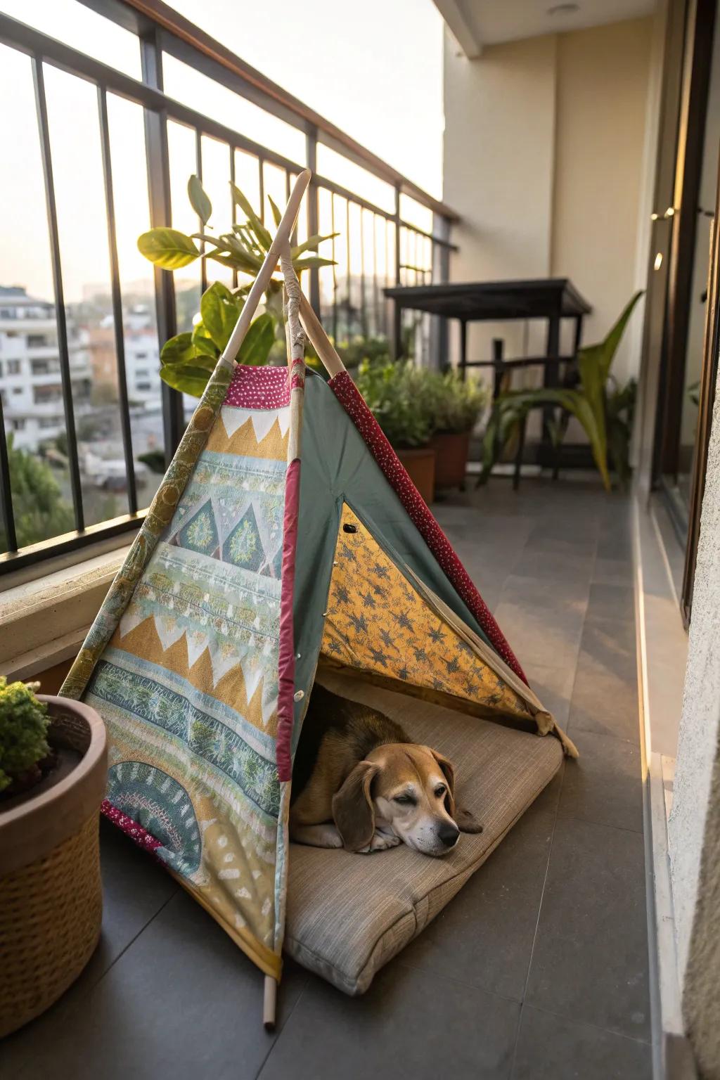 A DIY dog tent offers a cozy retreat for dogs.