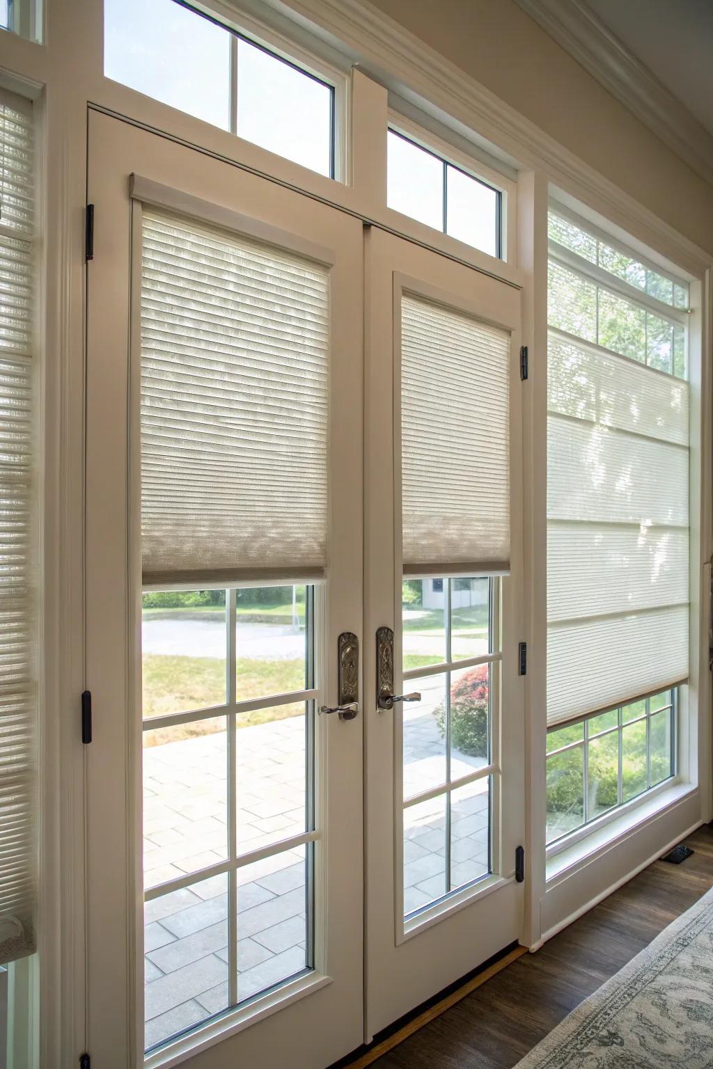 Cellular shades provide privacy and energy efficiency for door windows.