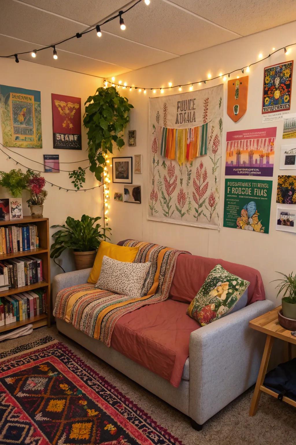 A small sectional couch provides ample seating in this compact dorm room.