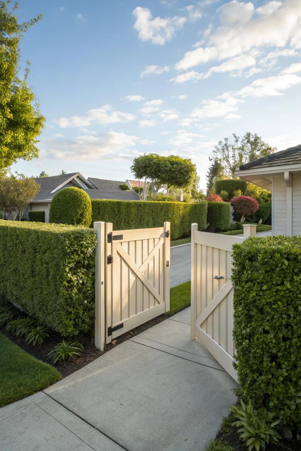 A simple yet elegant gate complementing a suburban home's style.