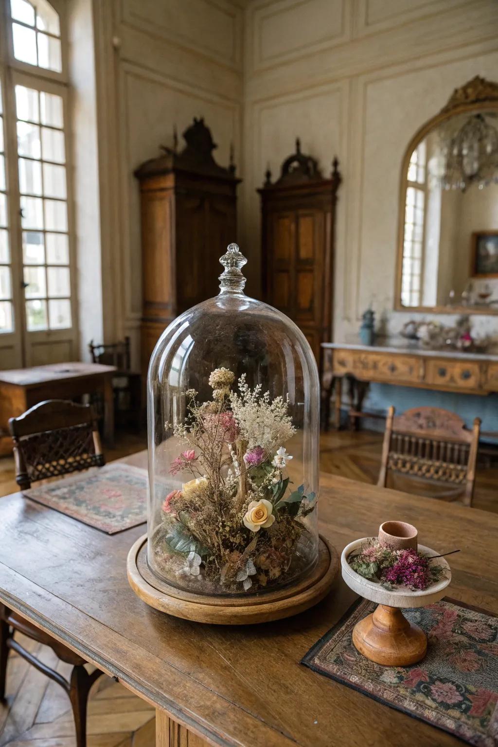 Vintage allure with a glass dome floral display.