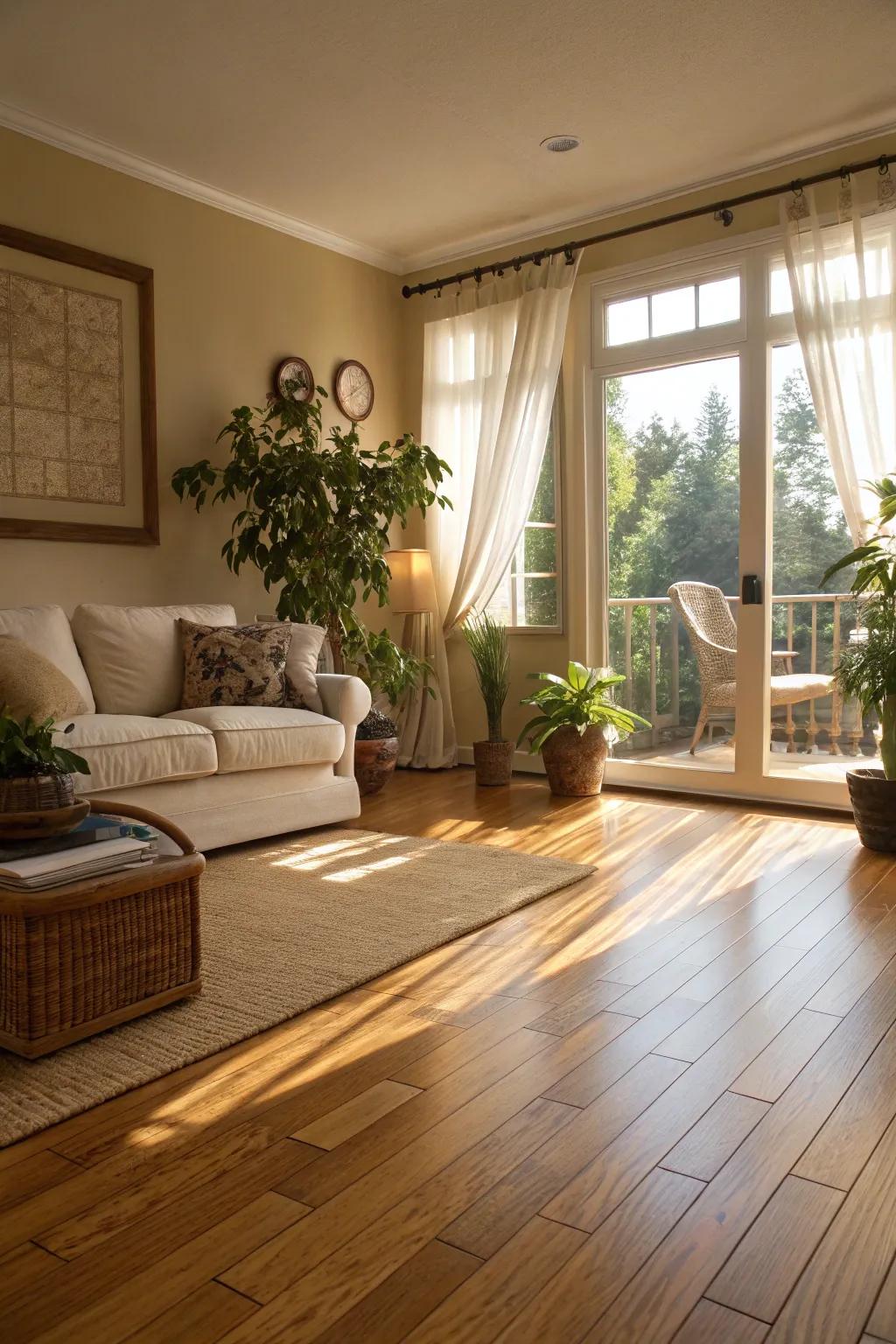 A bright living room featuring elegant cane flooring that enhances its eco-friendly appeal.