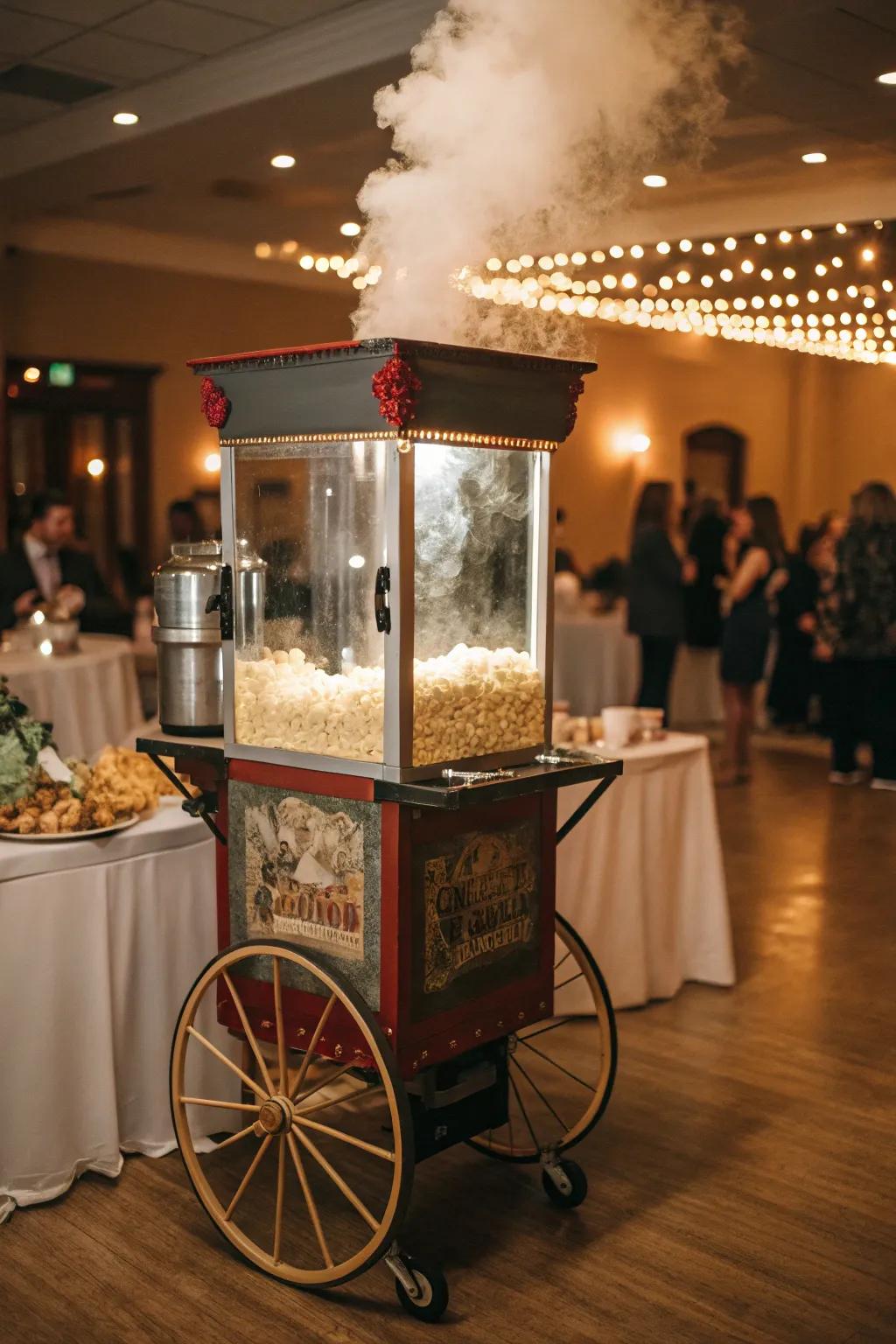 A vintage popcorn machine, creating a nostalgic and entertaining feature at the wedding.