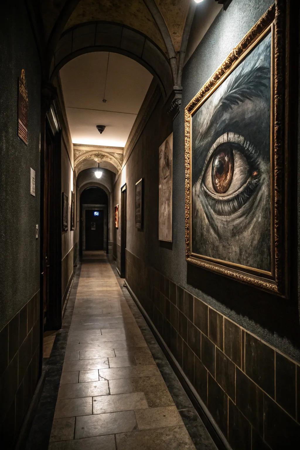 A dramatic gothic eye painting that adds mystery and allure to the hallway.