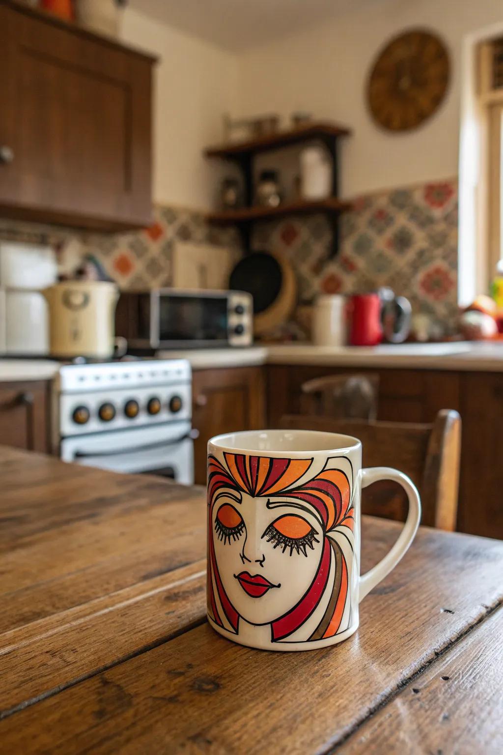 A retro face mug that brings a touch of nostalgia to your mornings.