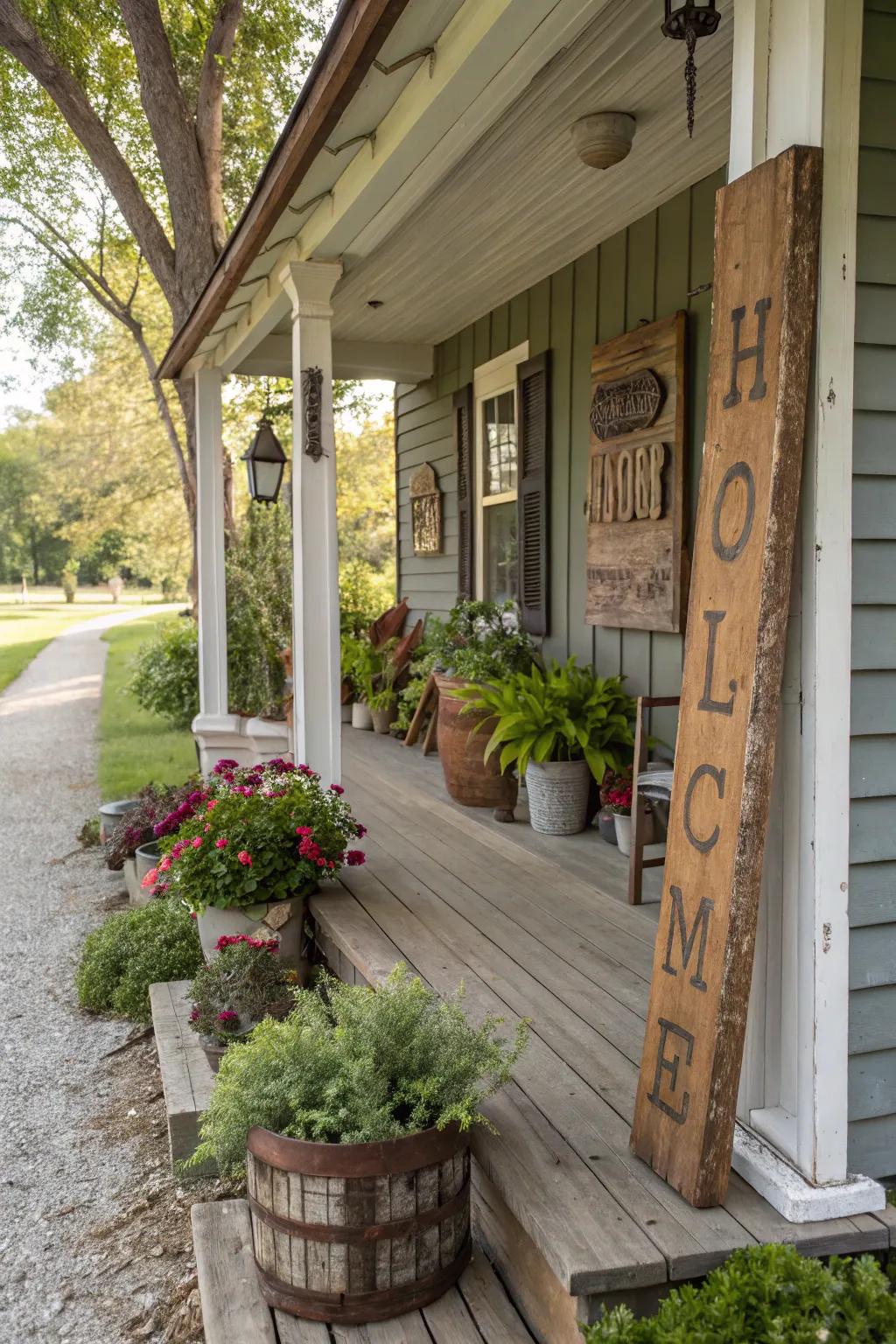 Natural wood elements bring warmth to a fall entrance.