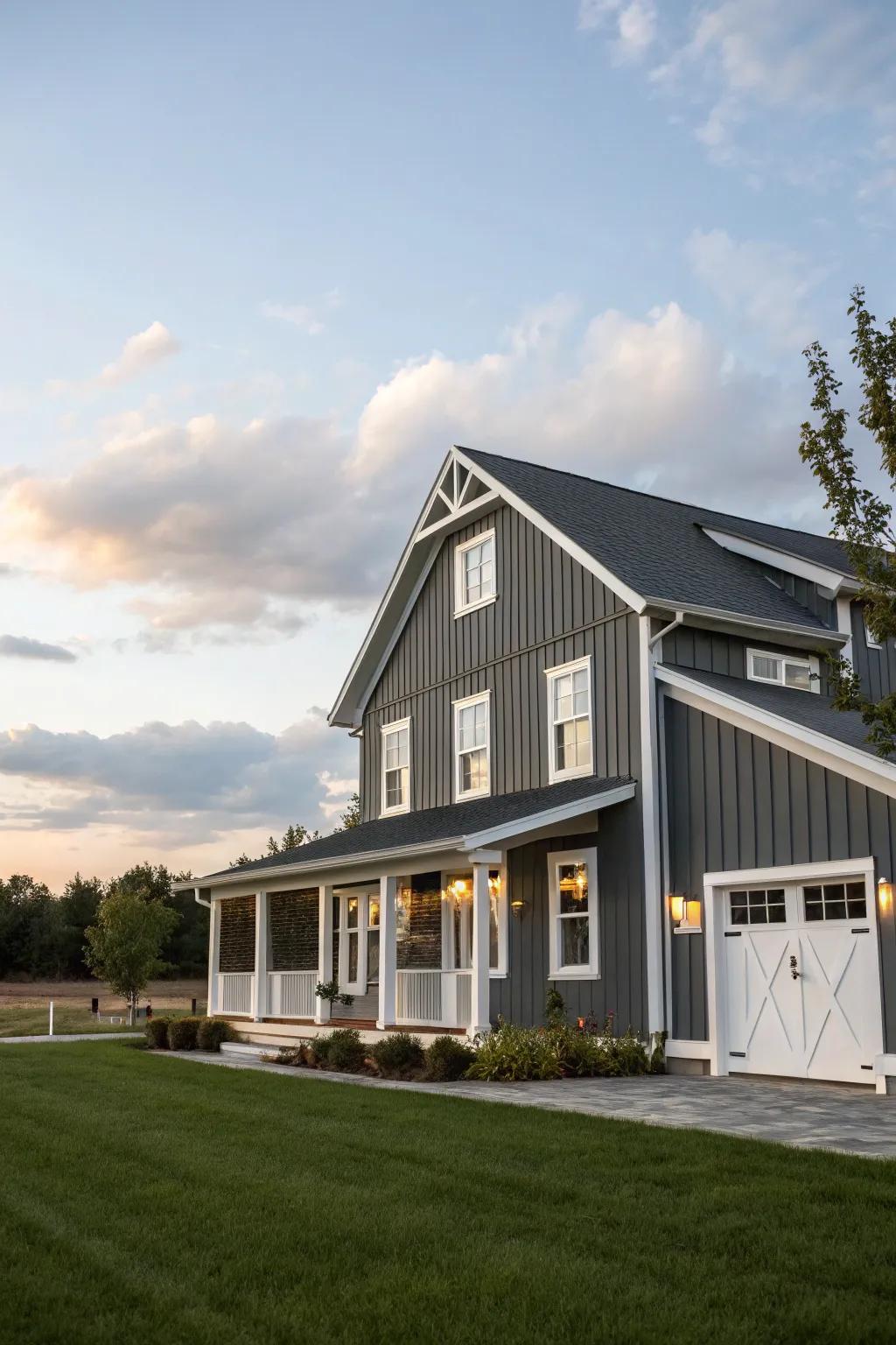 Charcoal gray adds a chic and modern flair to this farmhouse.