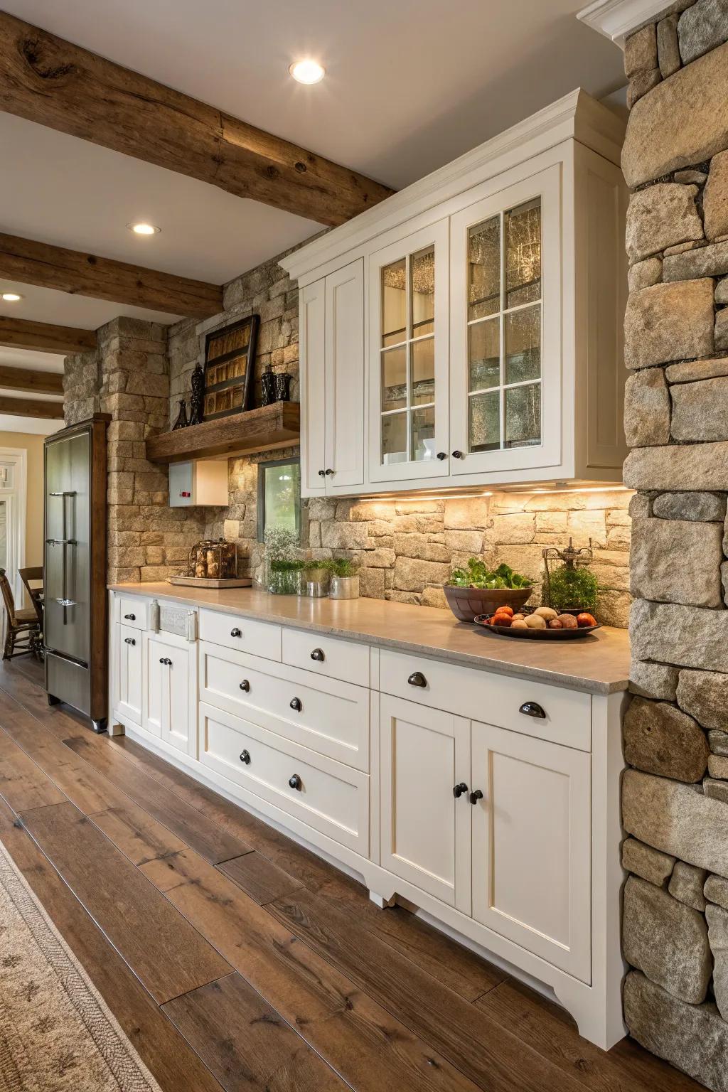 Inherent stone adds an earthy class to this country-style kitchen that features white cabinets.