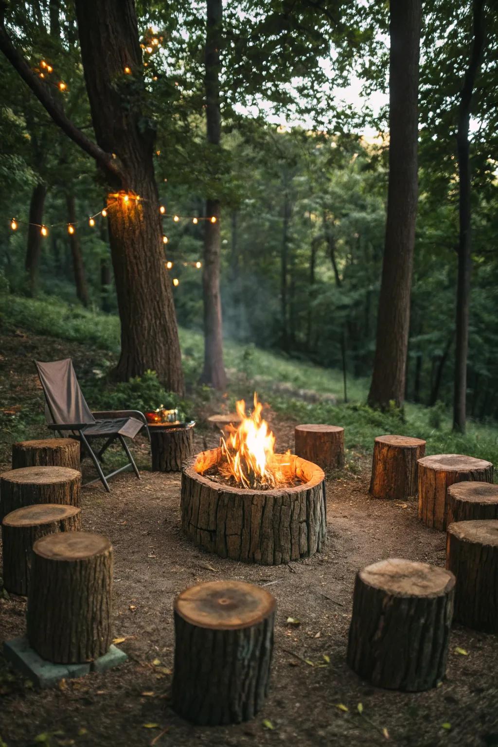 Tree stump seating blends seamlessly with natural surroundings.