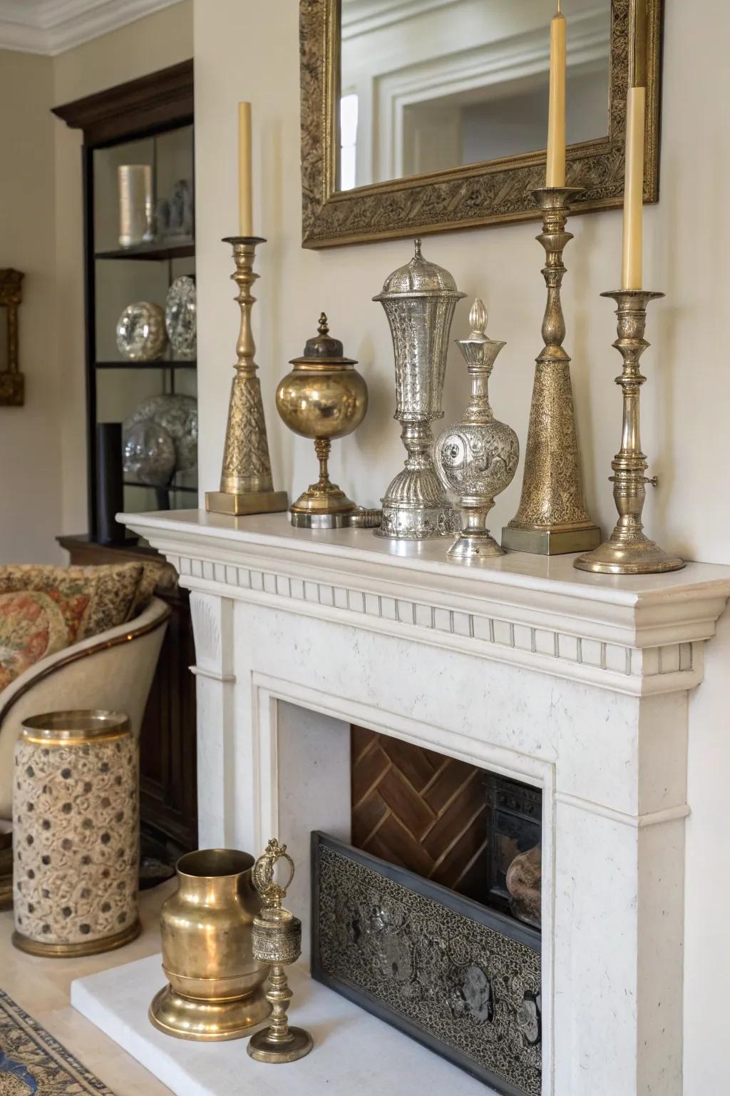 A mantel showcasing mixed metals, adding radiance and elegance.