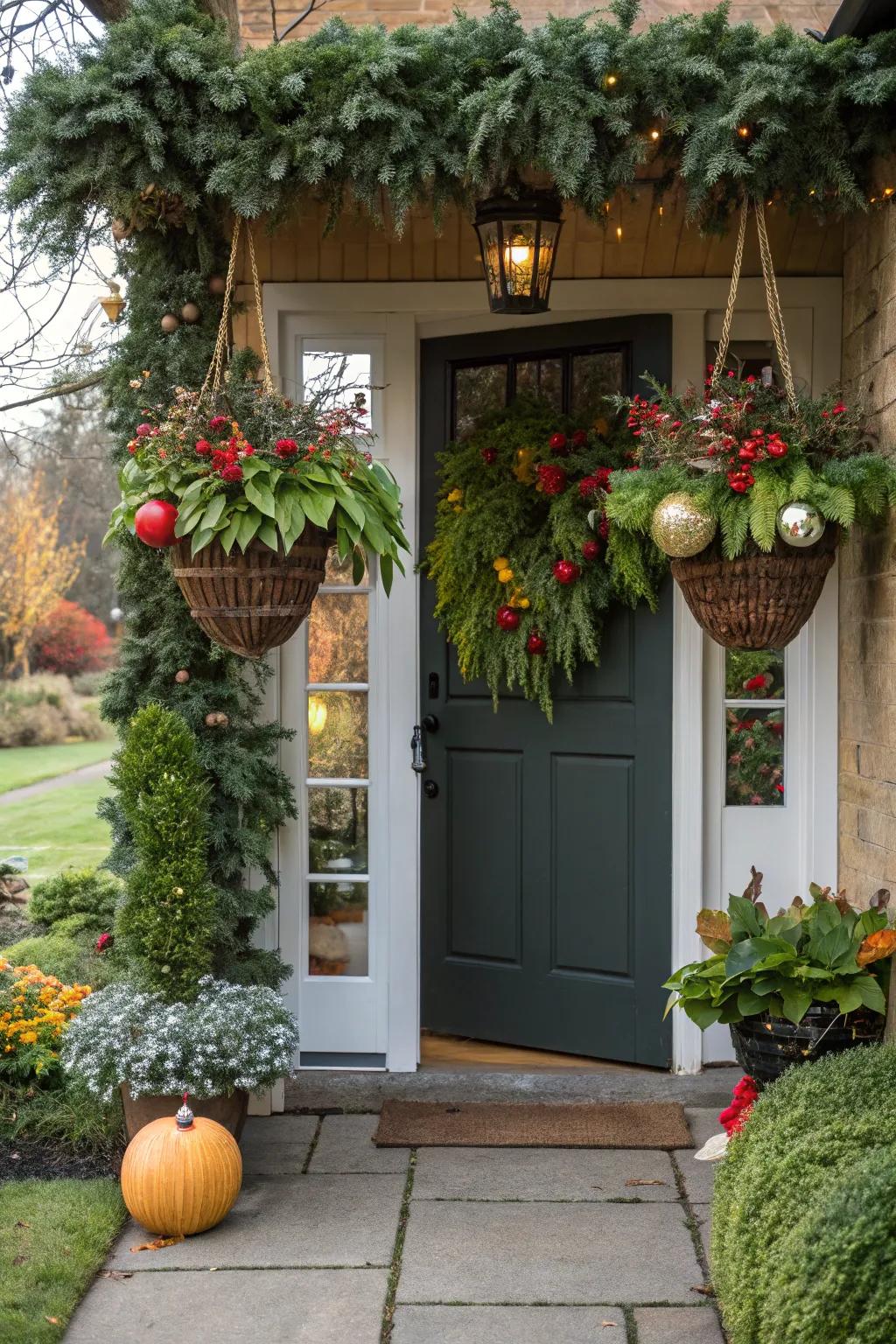 Charming festive baskets add height to the decor.