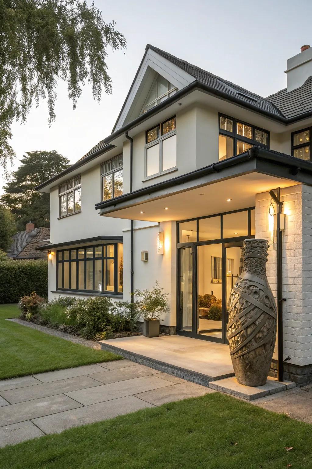 A front extension with a sculptural element that adds artistic flair.