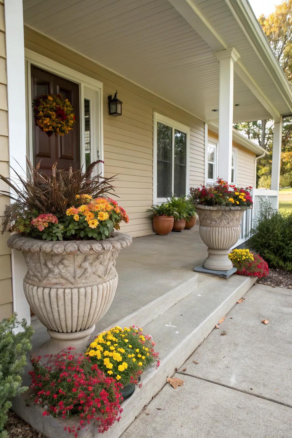 Planters add seasonal charm.