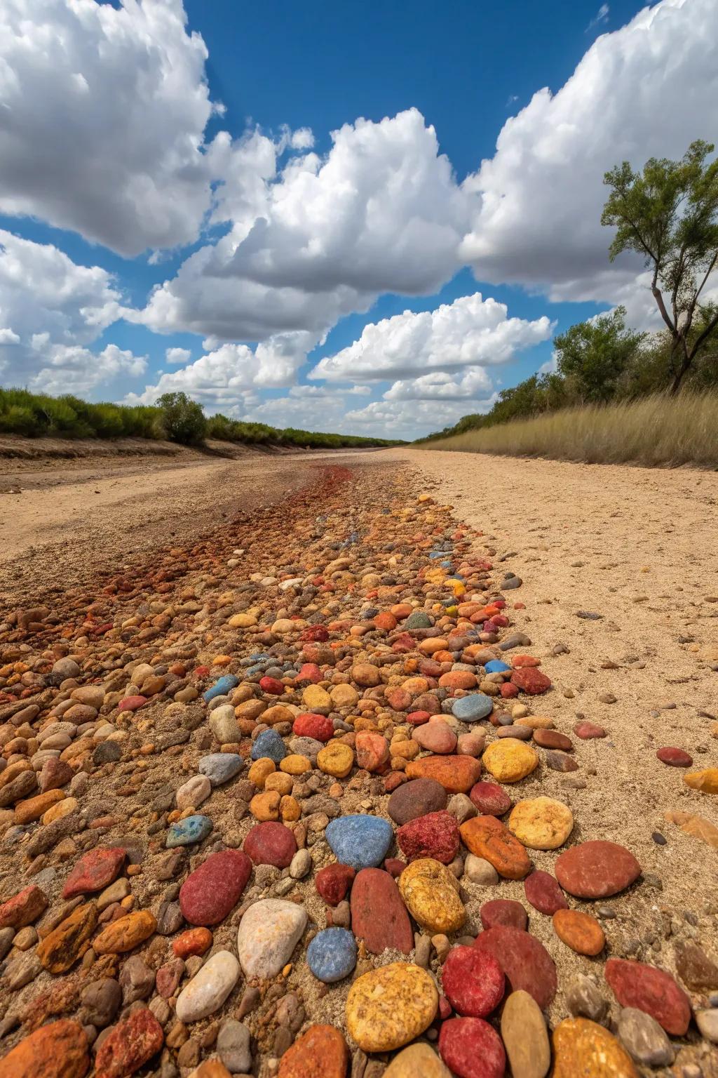 Colorful pebbles add a playful and vibrant touch to your creek bed.