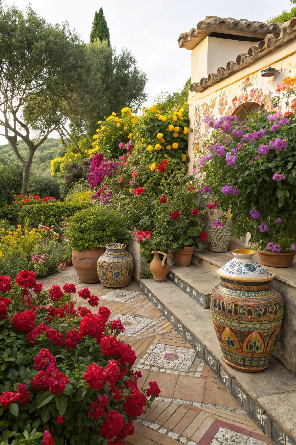 Bright colors add a lively and cheerful atmosphere to this front yard.