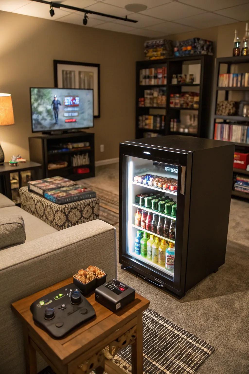 A mini fridge adds convenience for those long gaming sessions.