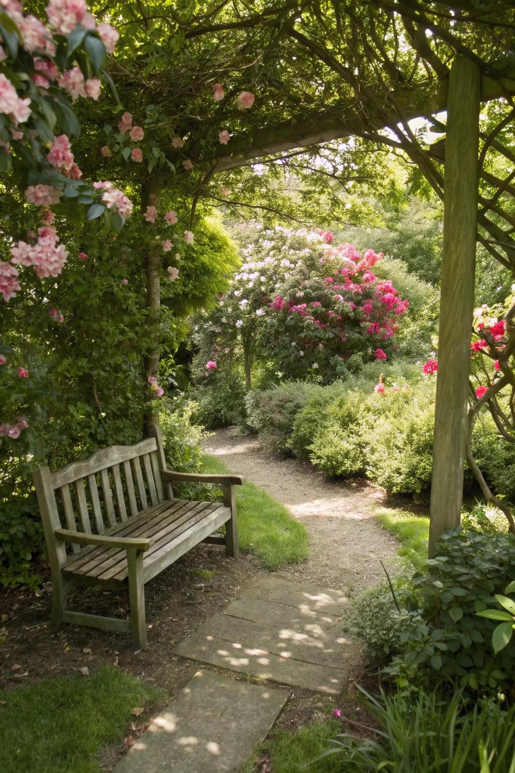 A secret garden nook with a bench hidden behind lush flowering shrubs.