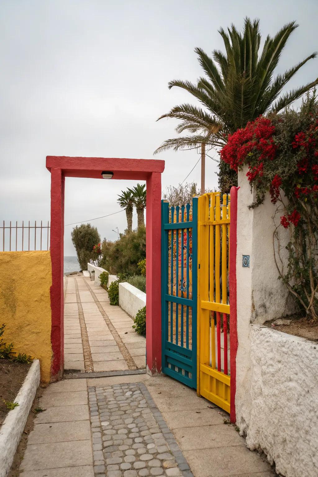 A painted gate adds a vibrant touch to any entrance.