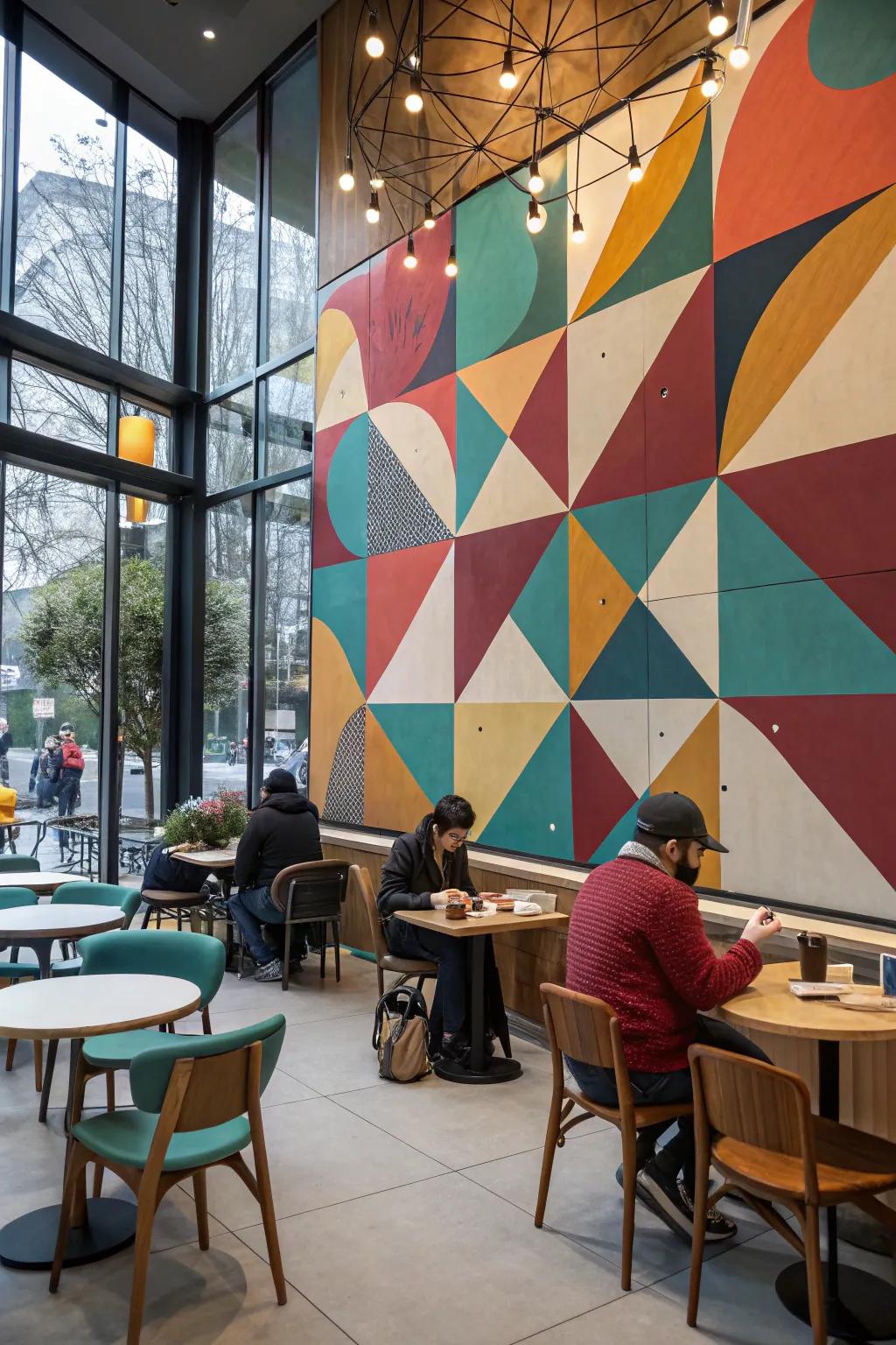 A café with an artistic geometric mural as a centerpiece.