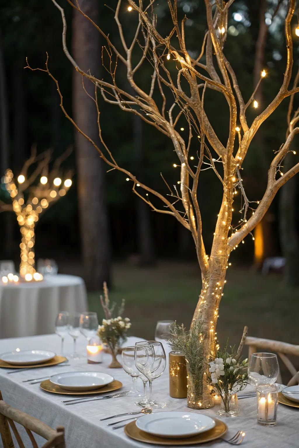 Magically enchanting gold branches with fairy lights.