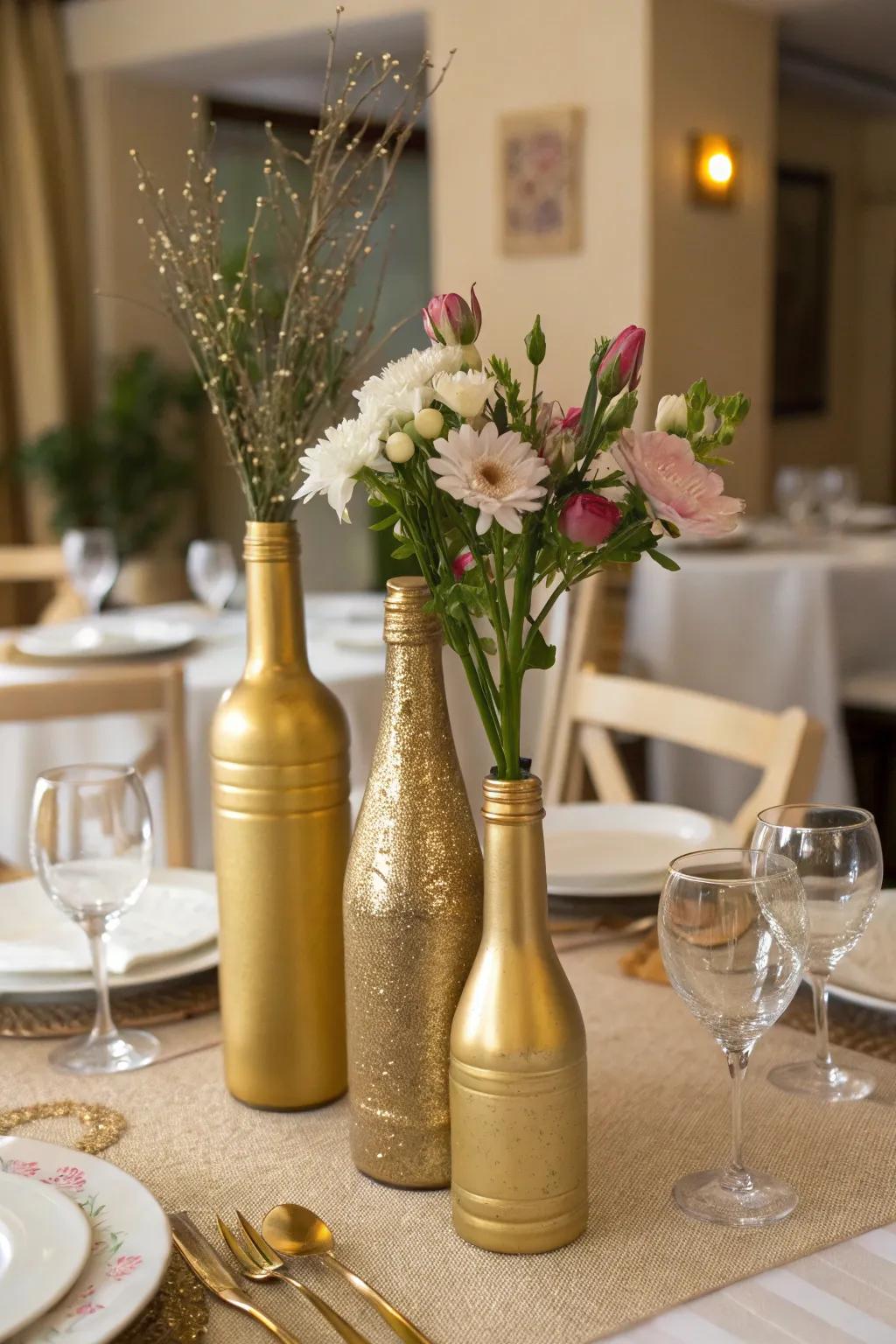 Stylish gilded-painted bottles appending a fashionable hint.
