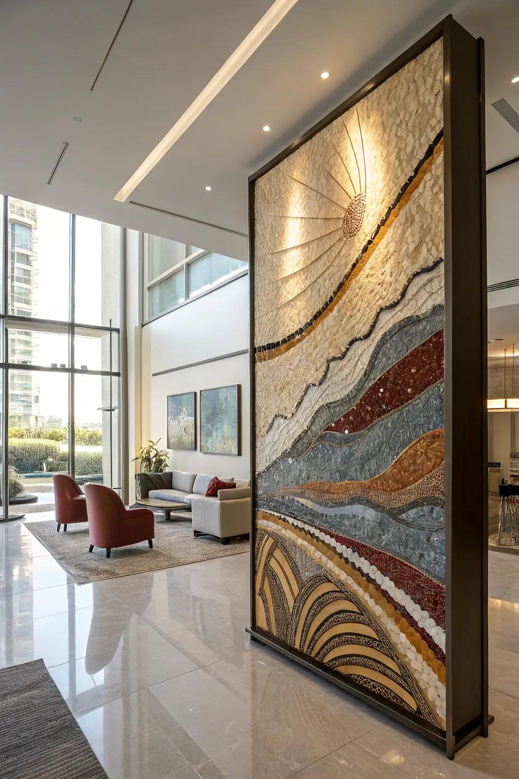 Textured art adding dimension and interest.