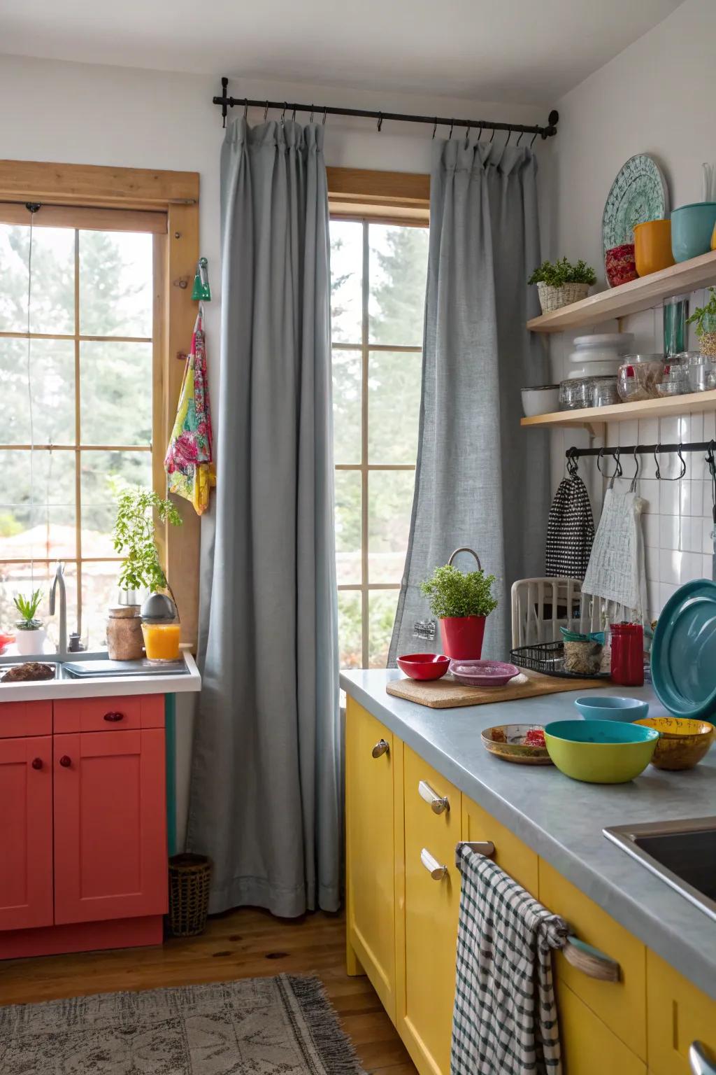 Gray curtains with a pop of color from vibrant kitchen accessories.