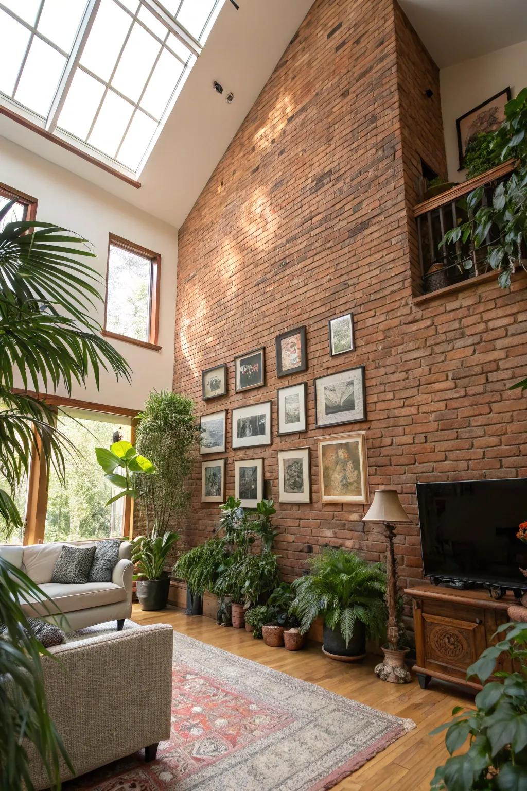 A high-ceilinged living room with a large brick wall enhancing vertical space.