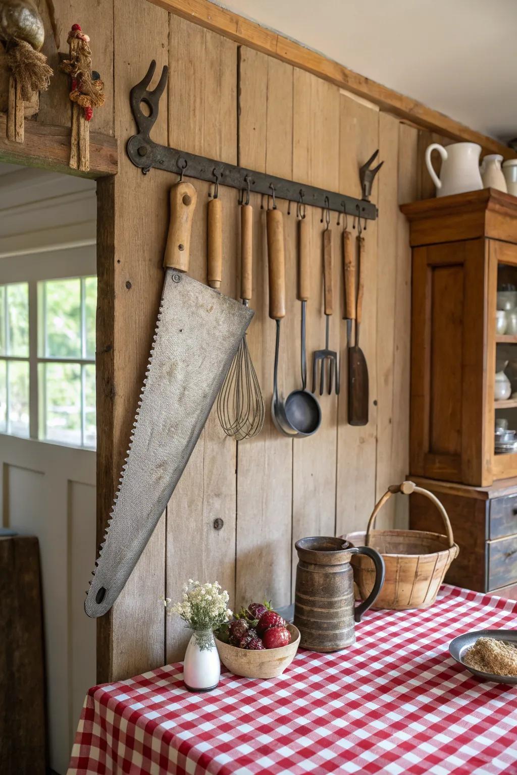 A handsaw repurposed as a culinary utensil holder.