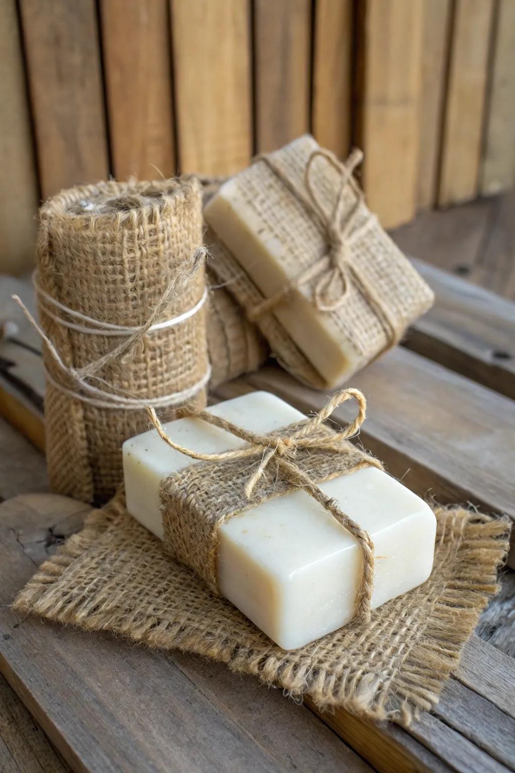 Hand soap wrapped in rustic style burlap and twine.