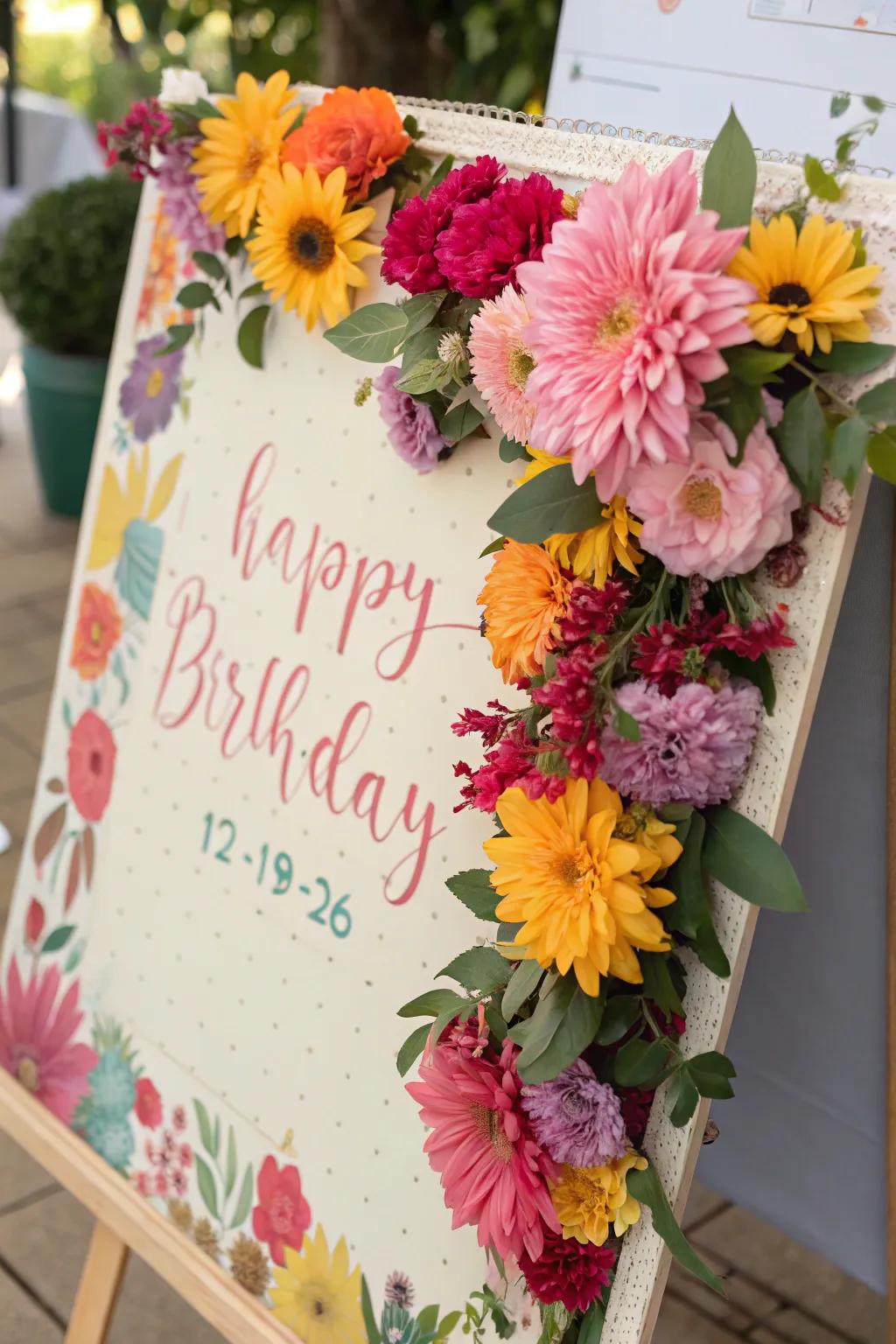 A vibrant floral-themed birthday board full of blooming beauty.